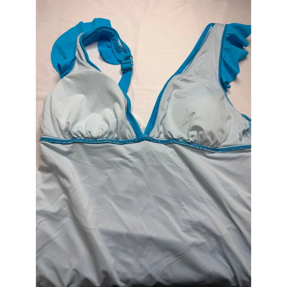 Cupshe Bright Blue Ruffle Sleeve Tankini Set High Waisted Ruched Swimsuit L